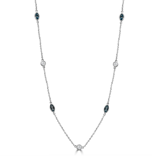 0.50 CTW Bezel Set Diamond and Blue Topaz Station Necklace