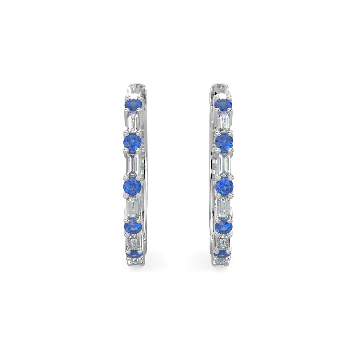 0.20 Ctw Diamond Dot with Alt Bagguet Sapphire Earring Hoops