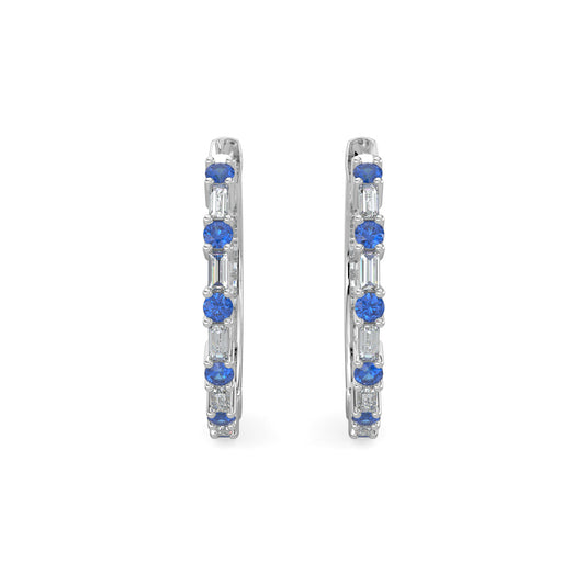 0.20 Ctw Diamond Dot with Alt Bagguet Sapphire Earring Hoops