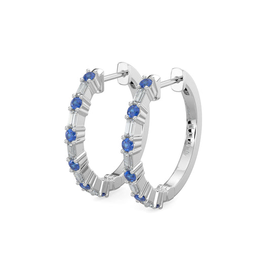 0.20 Ctw Diamond Dot with Alt Bagguet Sapphire Earring Hoops
