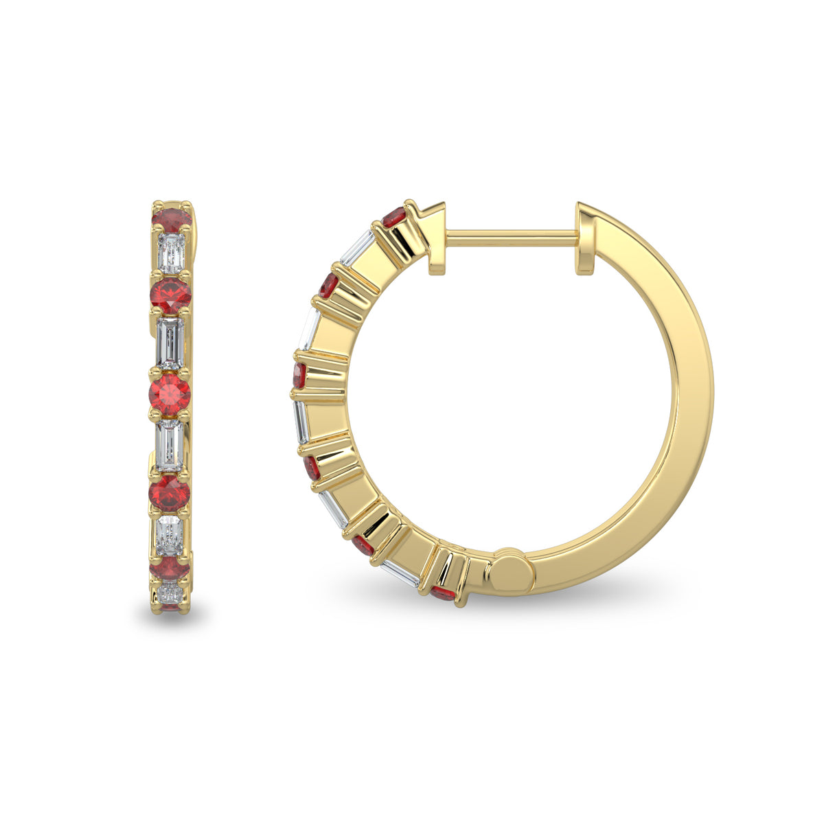 0.20 Ctw Diamond Dot with Alt Bagguet Ruby Earring Hoops