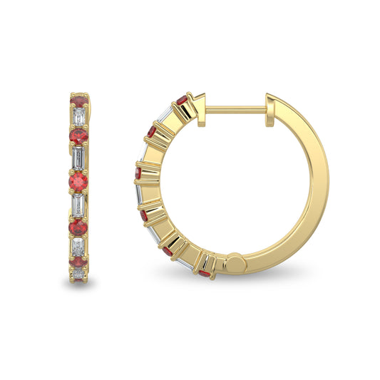 0.20 Ctw Diamond Dot with Alt Bagguet Ruby Earring Hoops
