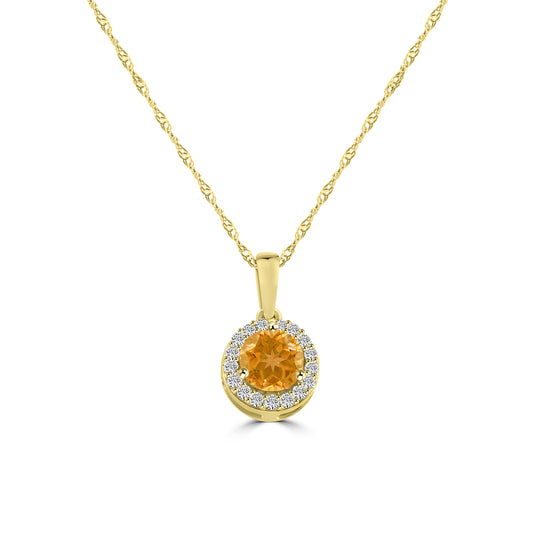 0.09 Ctw Halo Diamond and Round Citrine Pendant with Chain