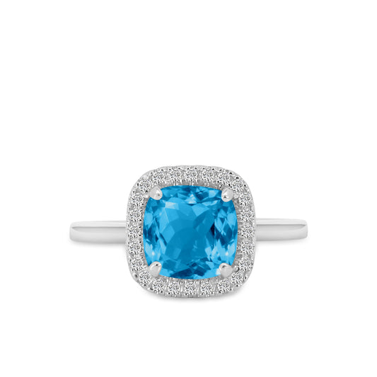 0.15 Ctw Halo Cushion Diamond Ring ( 2.80 Ctw Blue Topaz Center)