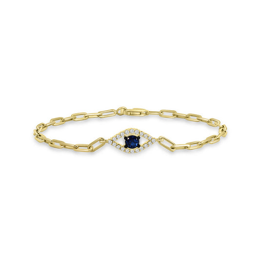 0.25 Ctw Diamond Paper Clip Evileye Bracelet Sapphire Center
