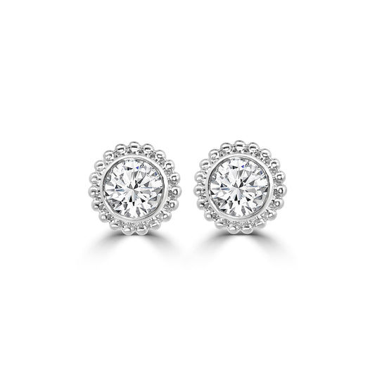 1.00 Ctw RD Diamond Bezel-Set Beaded Stud with Medium Push Back