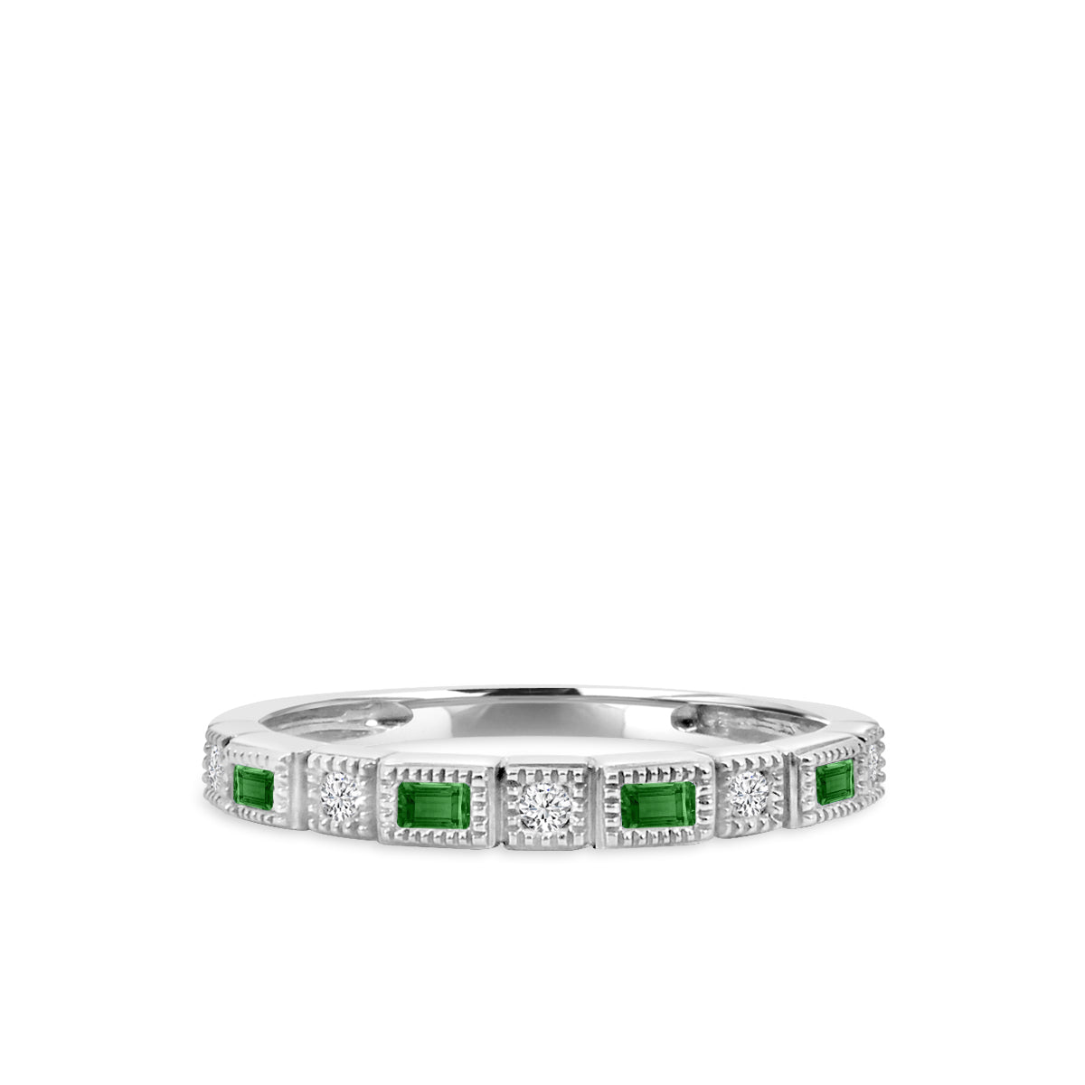 0.07 Ctw Squared and Baguette Bezel with Miligrain Diamond Band with Alt Emerald