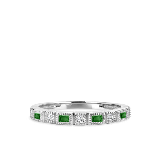 0.07 Ctw Squared and Baguette Bezel with Miligrain Diamond Band with Alt Emerald