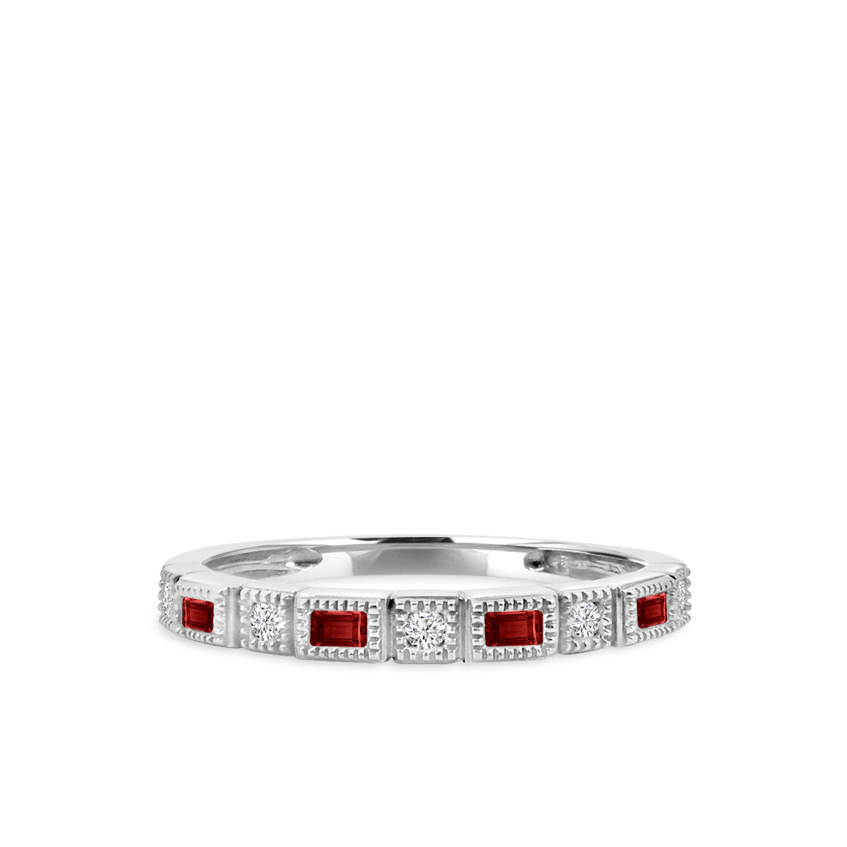 0.07 Ctw Squared and Baguette Bezel with Miligrain Diamond Band with Alt Ruby