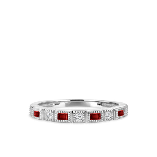 0.07 Ctw Squared and Baguette Bezel with Miligrain Diamond Band with Alt Ruby